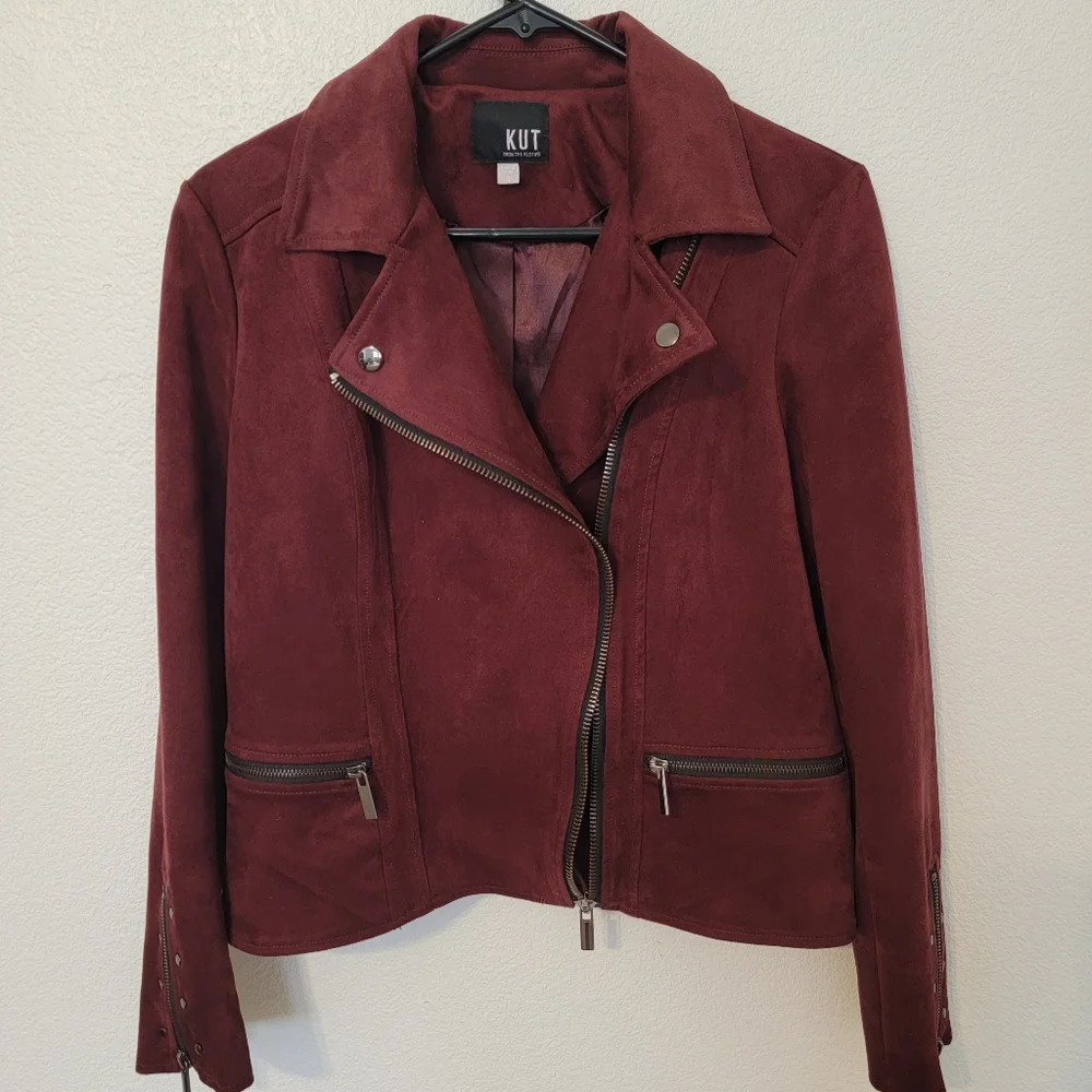Kut From The Kloth Burgandy Faux Suede Full Zip Crop Jacket SZ S